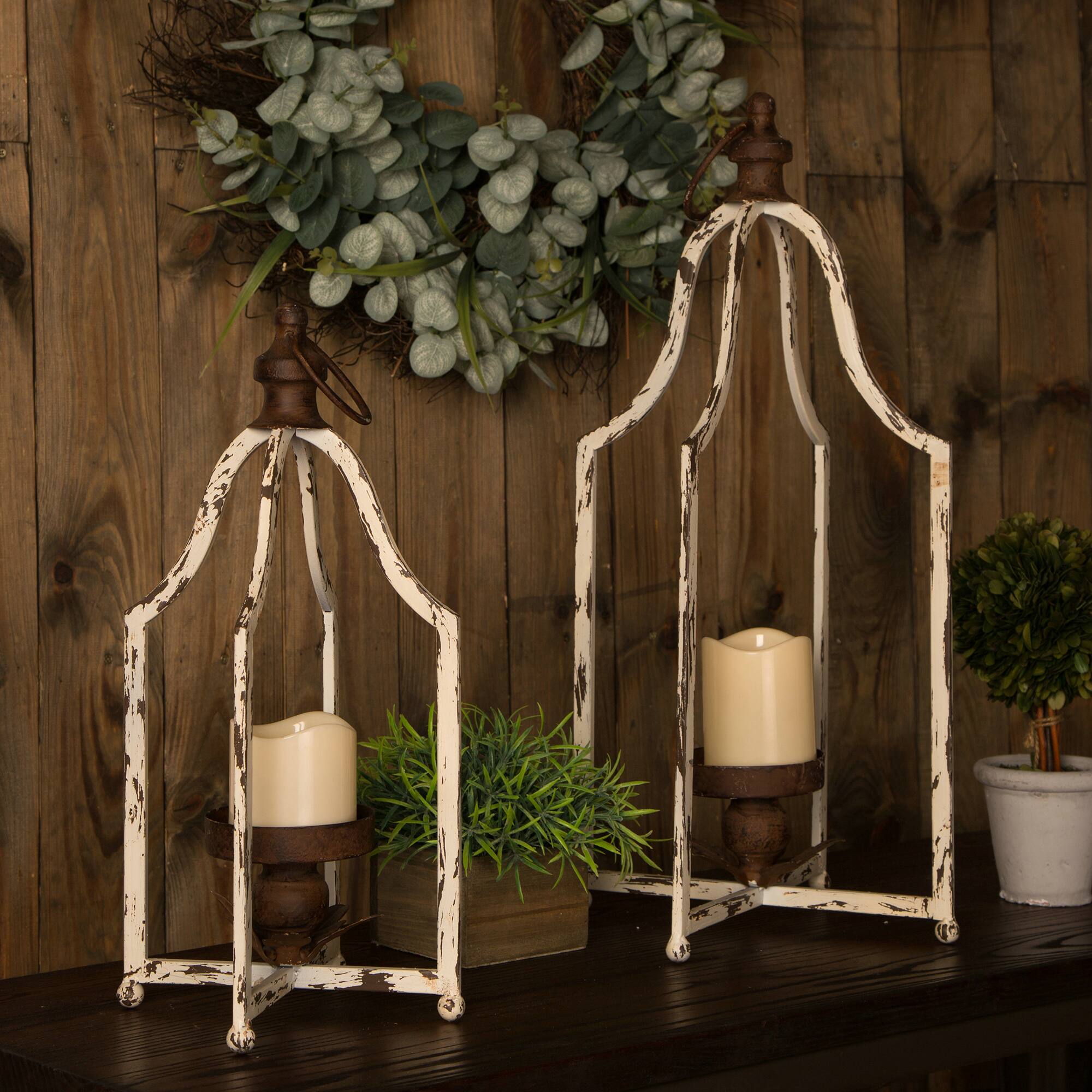 Modern Farmhouse White & Brown Metal Candle Lantern Set, 22" x 16.5"